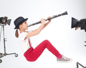 A photo session of a beginner clarinet playing