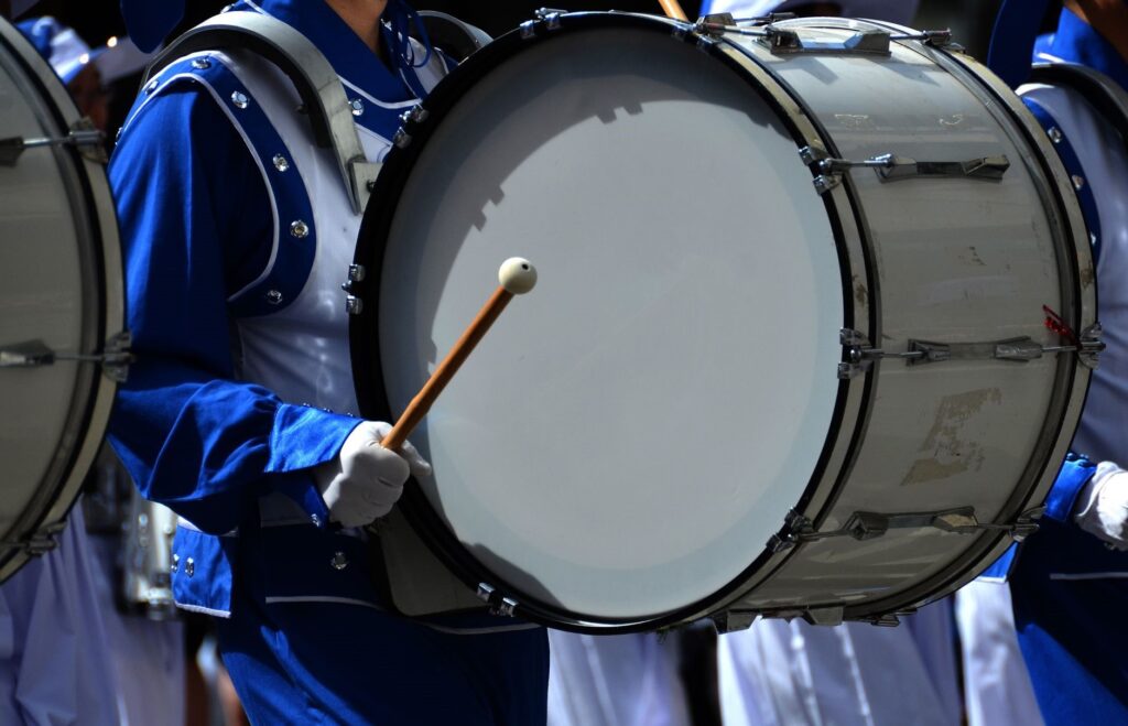 A bass drum in a marching band performance