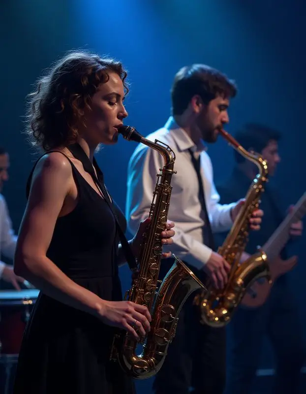 Picture of Isabella and John passionately playing a live music concert.