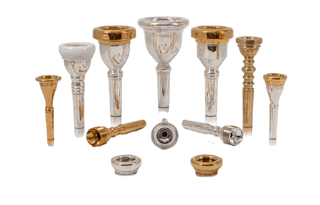 A set of different mouthpieces for brass instruments, including Tuba