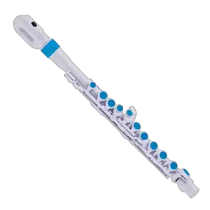 A white and blue plastic flute