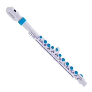 A white and blue plastic flute