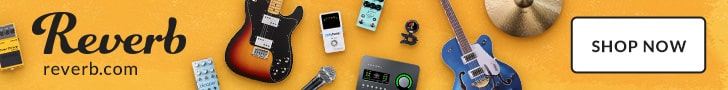 Reverb.com banner with different musical instruments