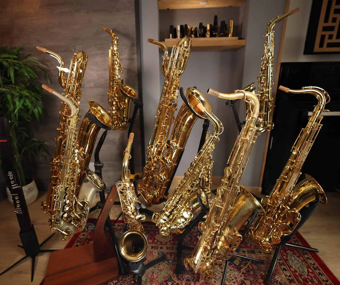 Several Saxophones Standing Together